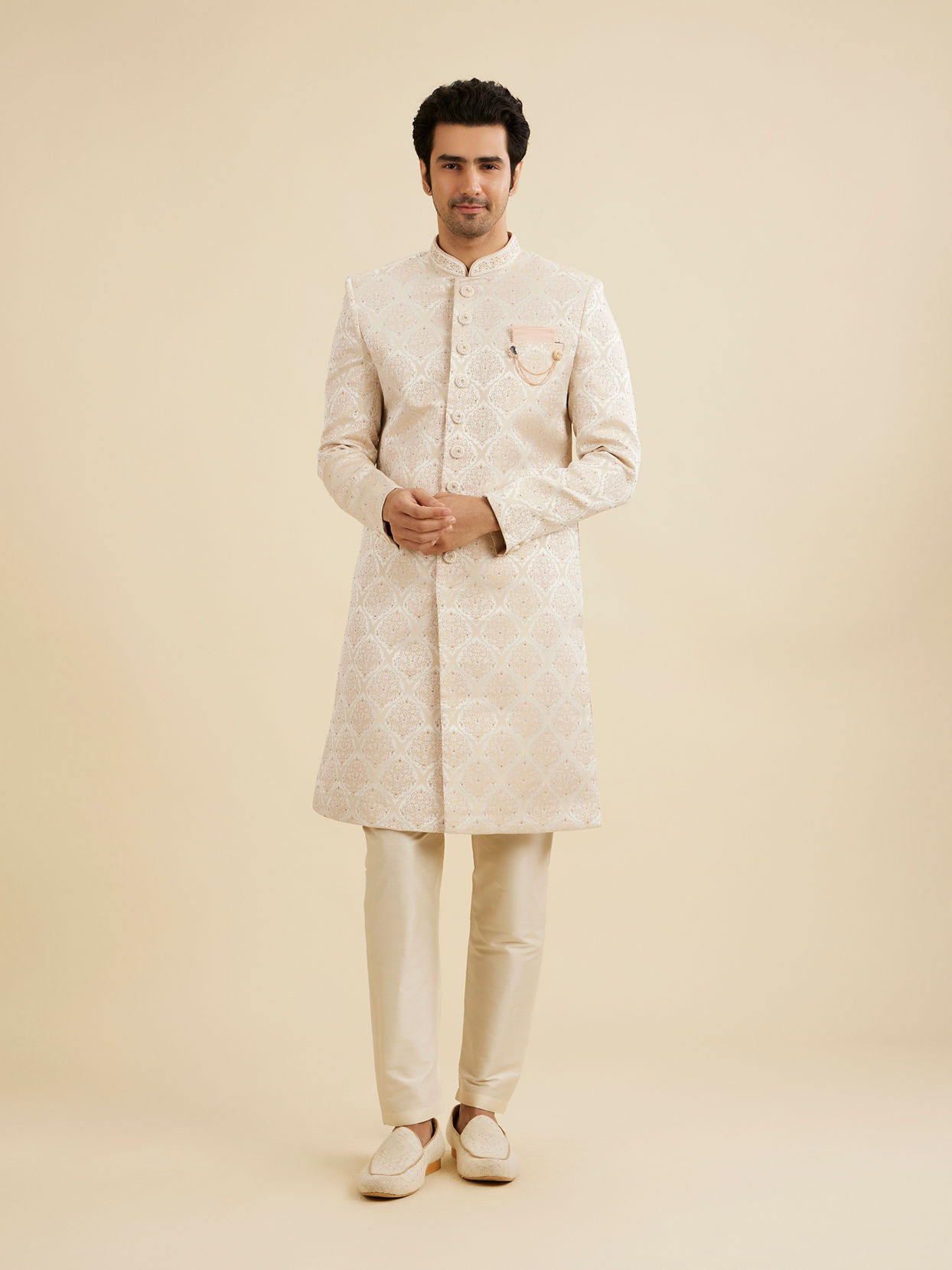 Manyavar Men Soft Beige Jaal Medallion Patterned Sherwani Set with Rhinestone Work