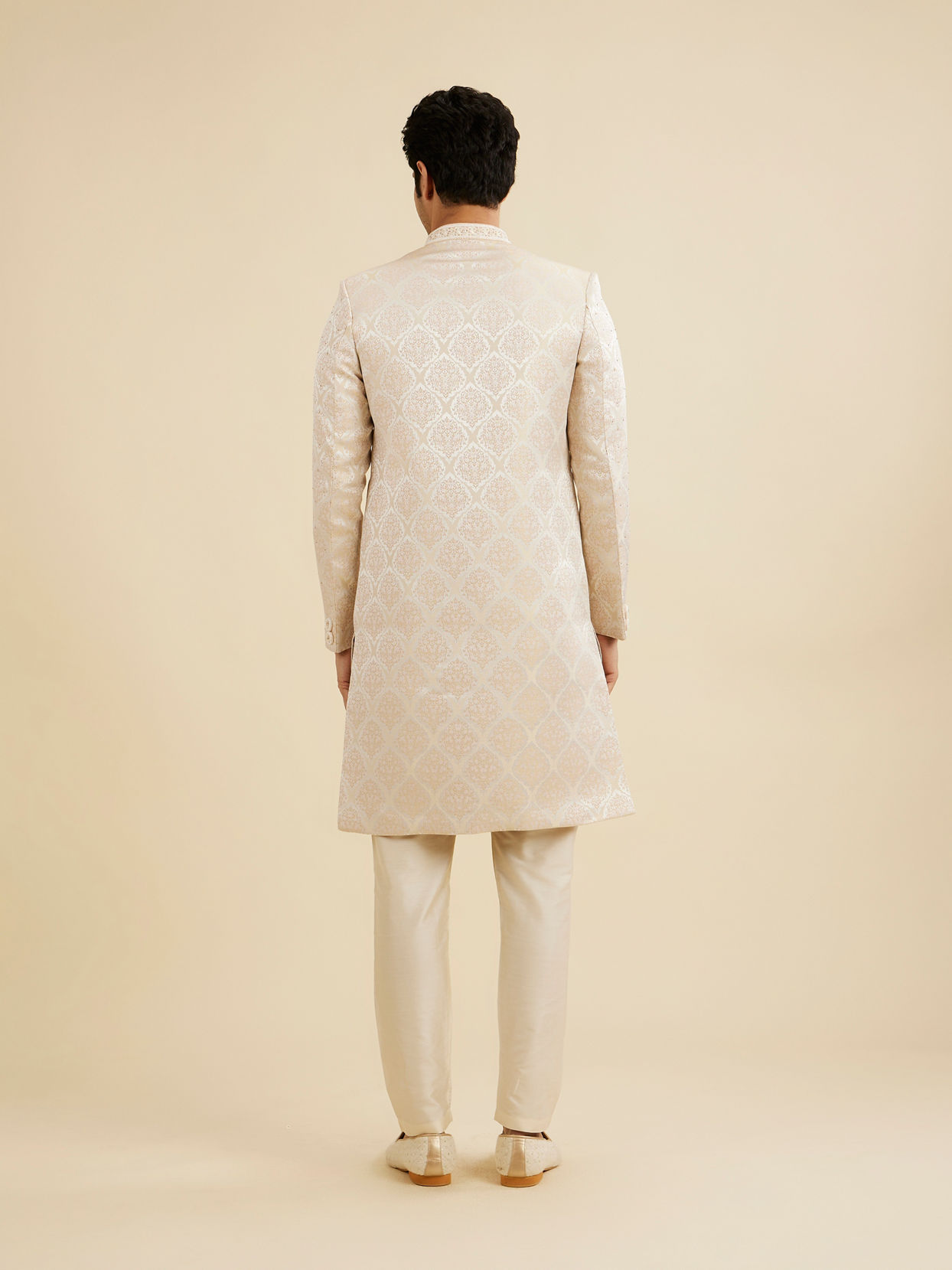 Manyavar Men Soft Beige Jaal Medallion Patterned Sherwani Set with Rhinestone Work