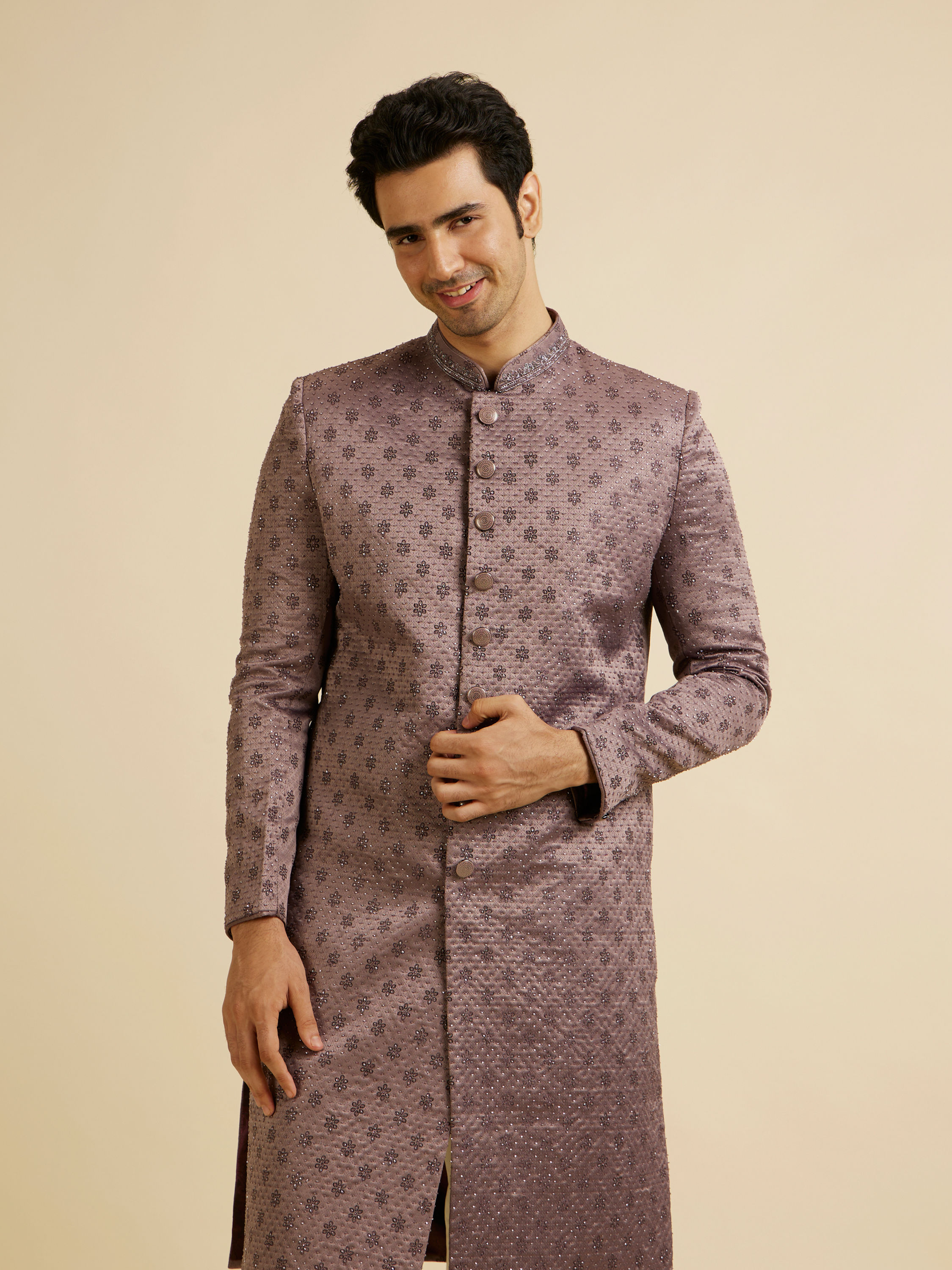 Manyavar Men Purple Floral Buta Motif Sherwani Set