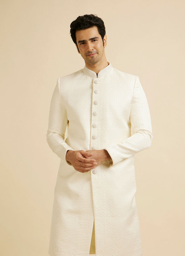 Manyavar Men Warm White Stone Work Wedding Sherwani