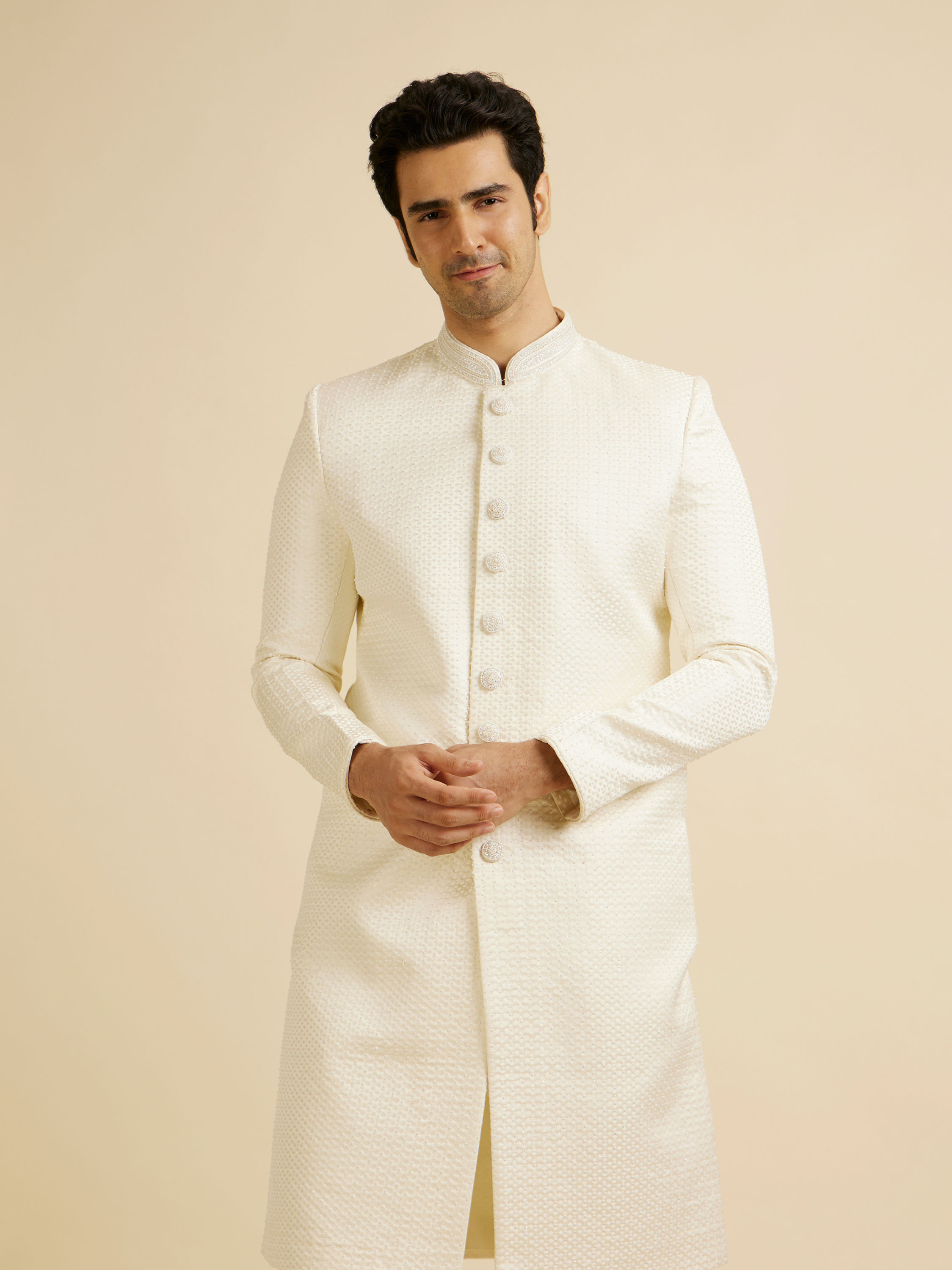 Manyavar Men Warm White Stone Work Wedding Sherwani