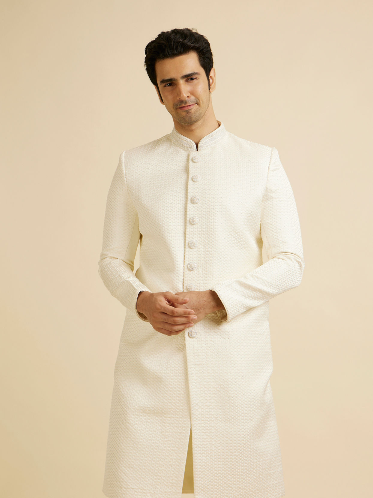 Manyavar Men Warm White Stone Work Wedding Sherwani