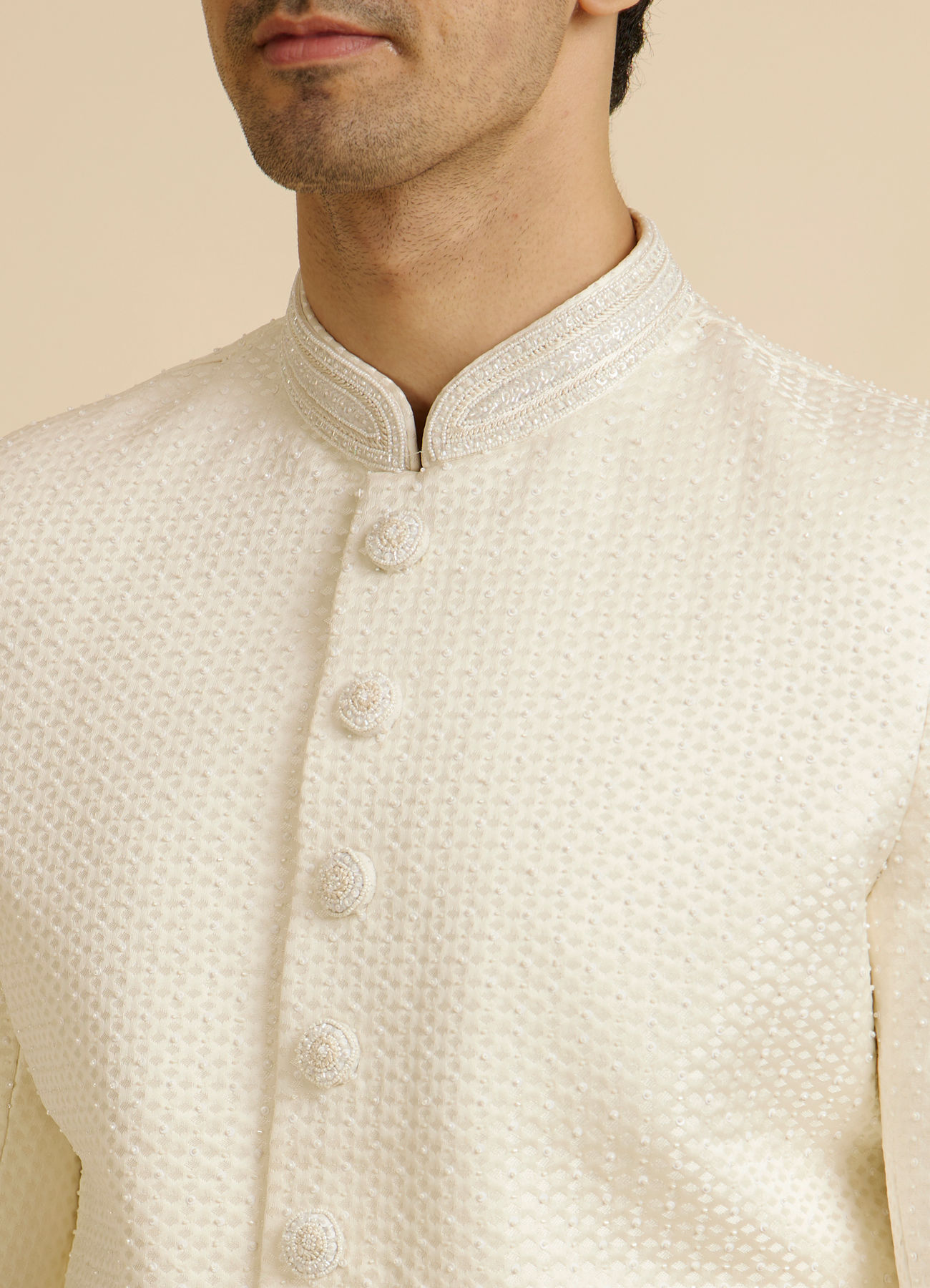 Manyavar Men Warm White Stone Work Wedding Sherwani