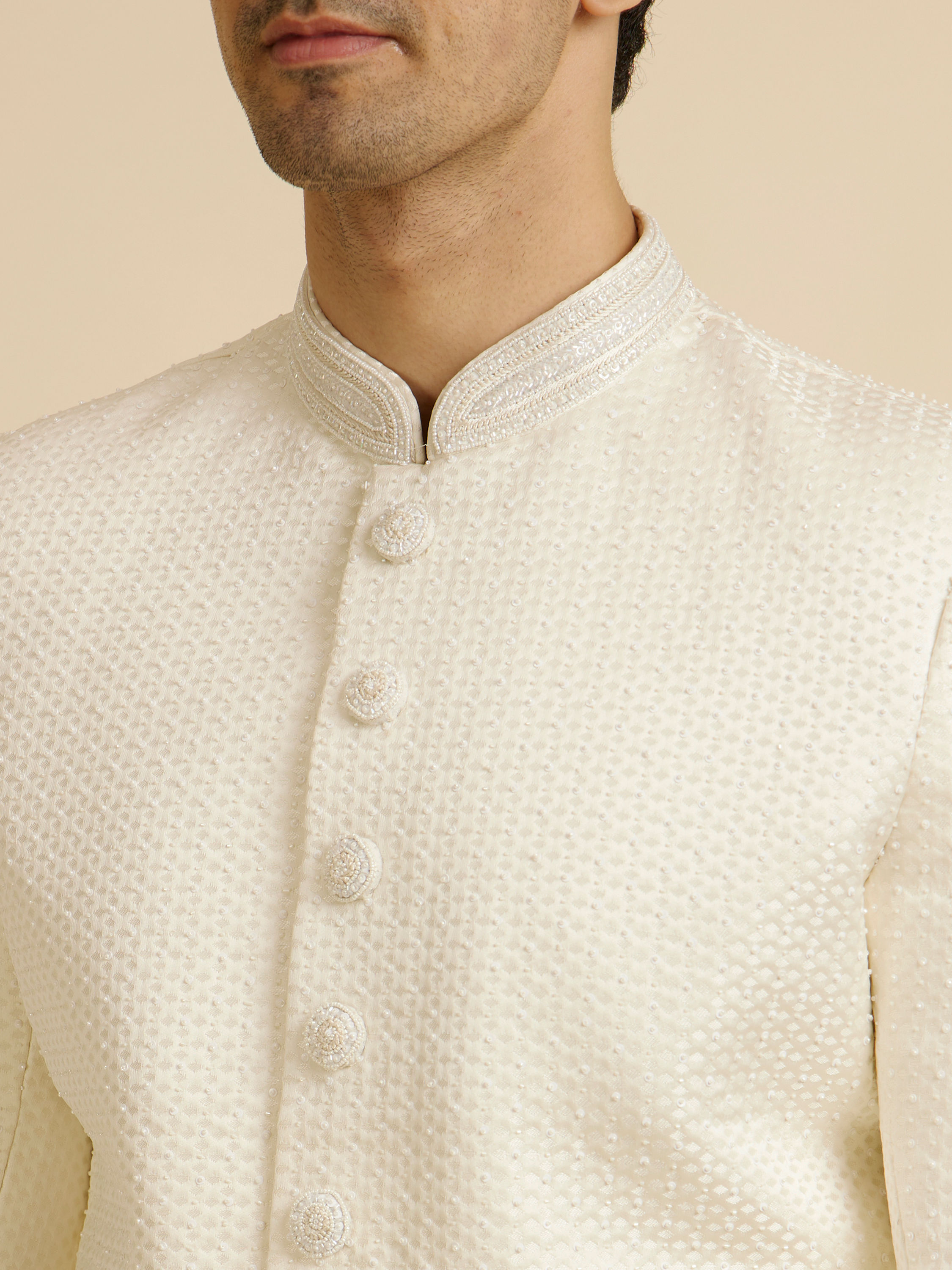 Manyavar Men Warm White Stone Work Wedding Sherwani