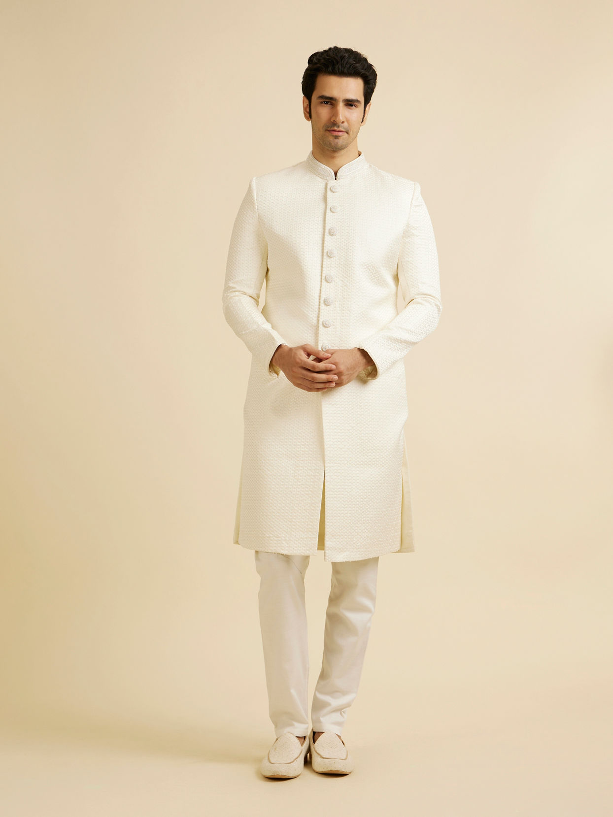 Manyavar Men Warm White Stone Work Wedding Sherwani
