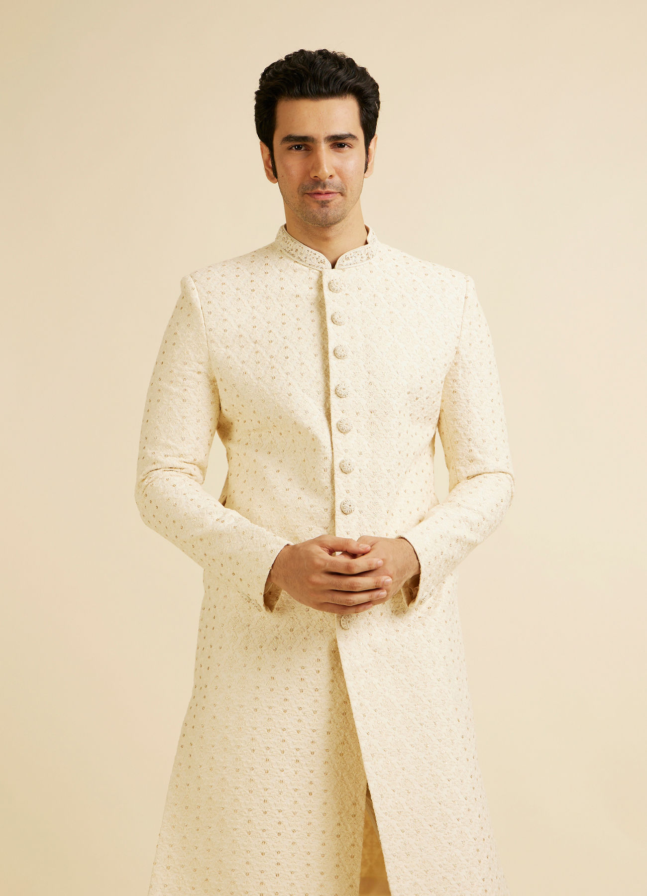 Manyavar Men Cream Jaal Patterned Sequinned Sherwani Set
