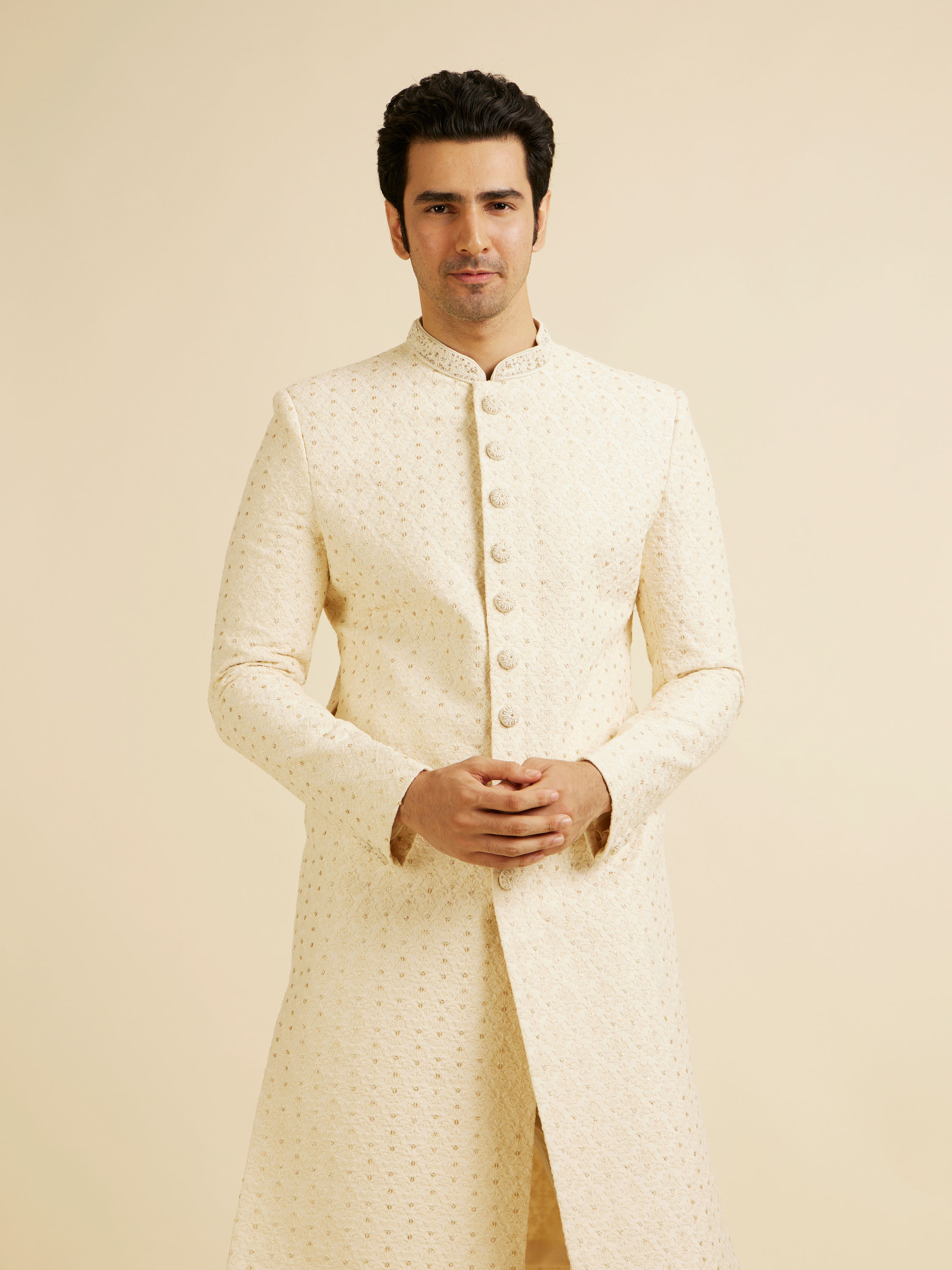 Manyavar Men Cream Jaal Patterned Sequinned Sherwani Set