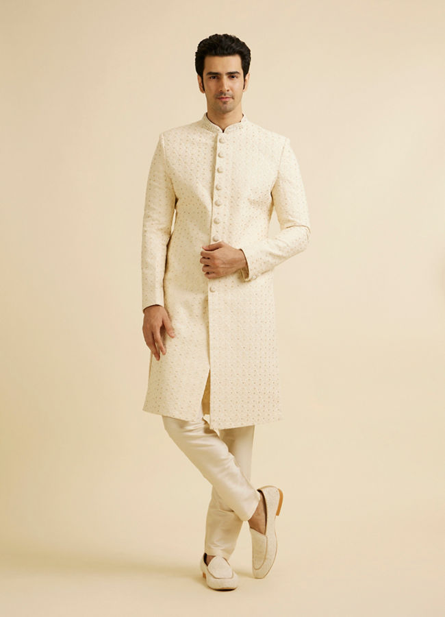 Manyavar Men Cream Jaal Patterned Sequinned Sherwani Set