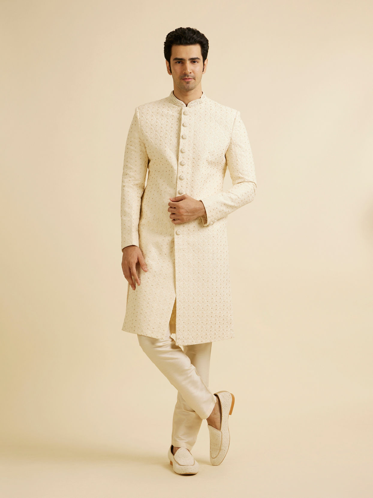 Manyavar Men Cream Jaal Patterned Sequinned Sherwani Set