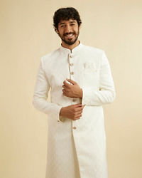 Manyavar Men Warm White Leaf Patterned Sherwani Set