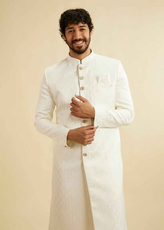 Manyavar Men Warm White Leaf Patterned Sherwani Set