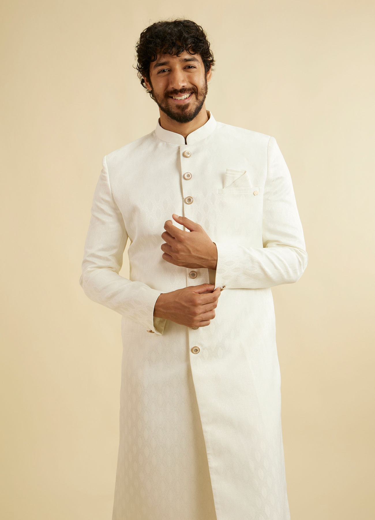 Manyavar Men Warm White Leaf Patterned Sherwani Set