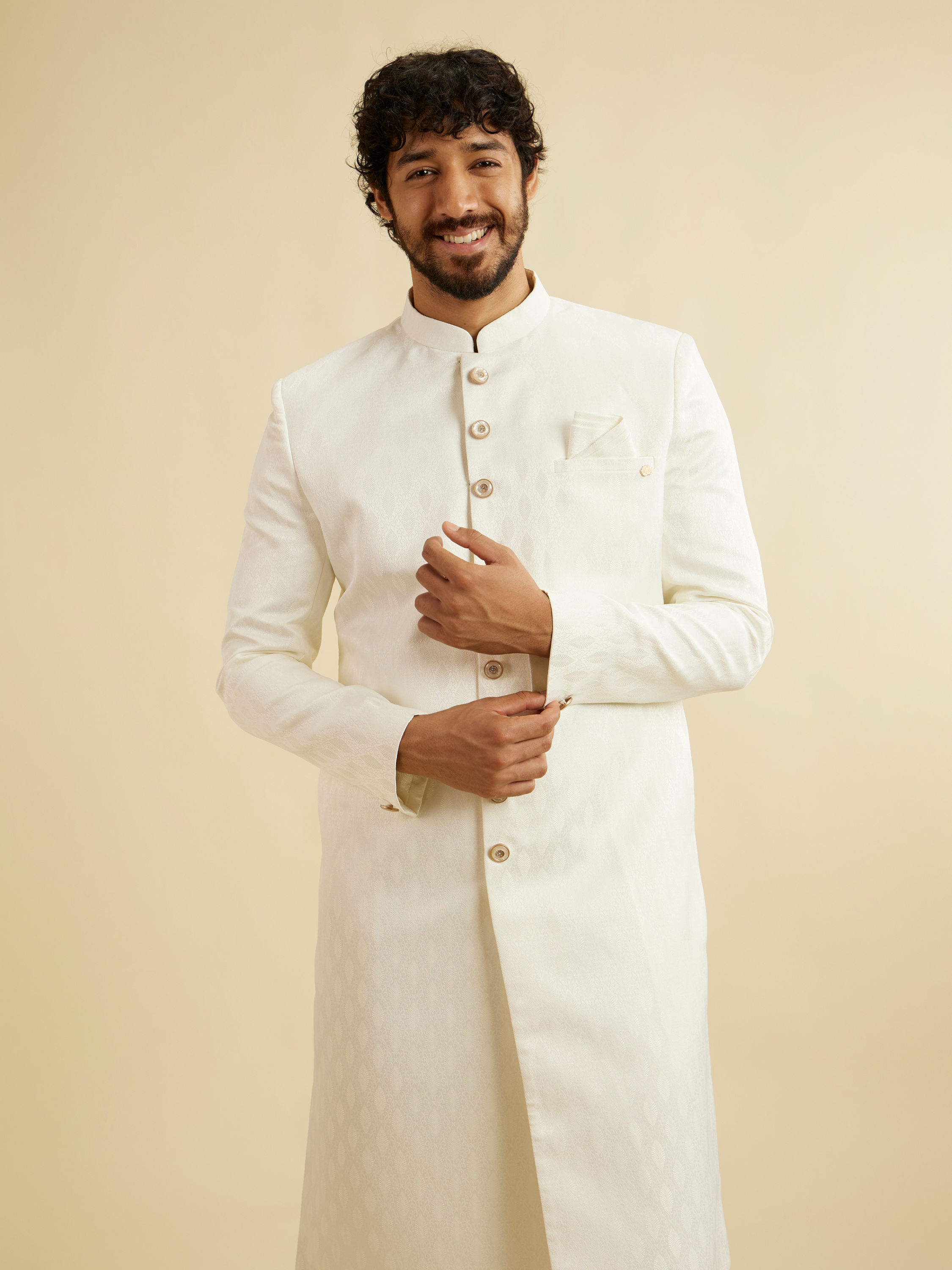 Manyavar Men Warm White Leaf Patterned Sherwani Set
