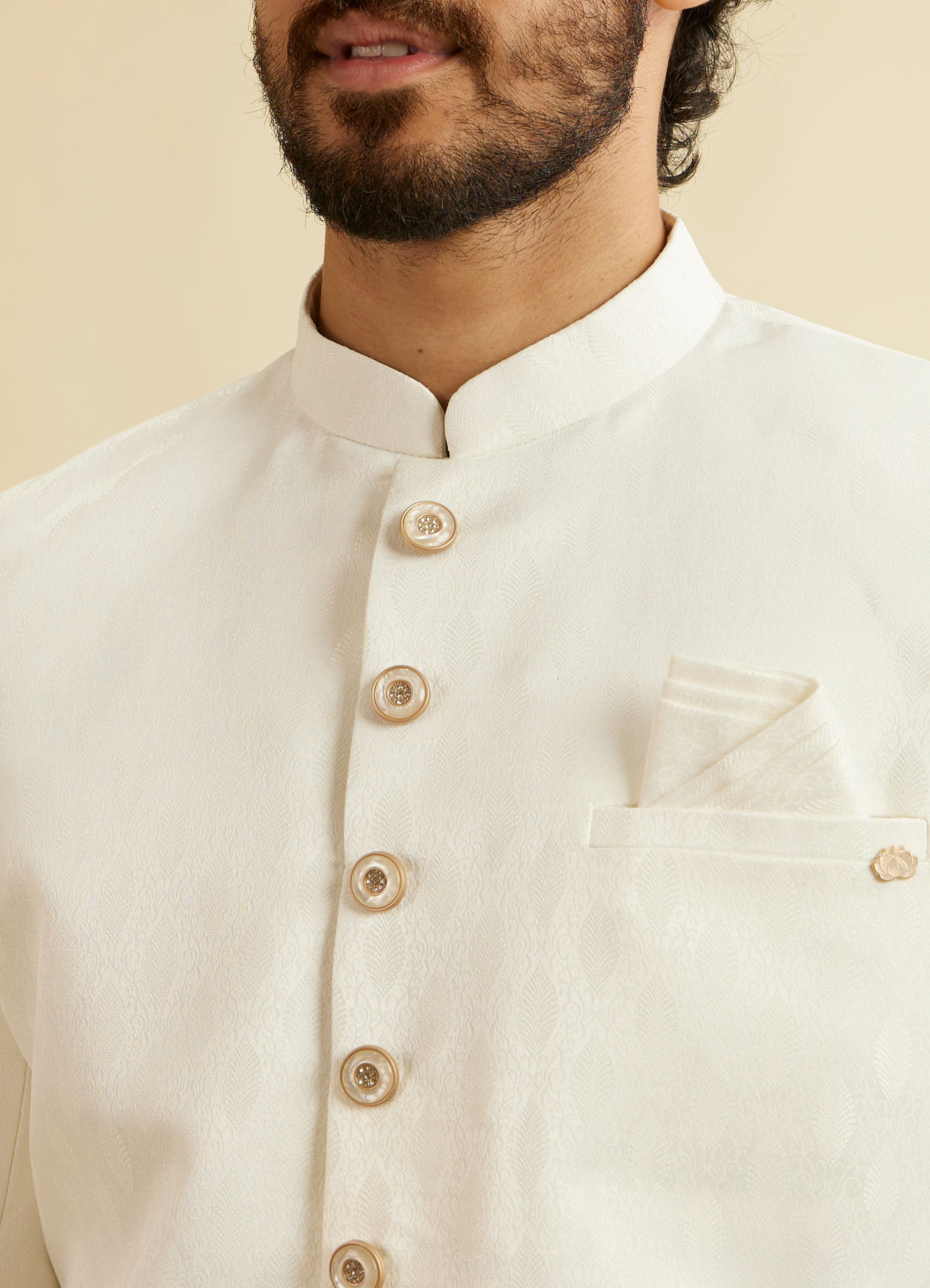 Manyavar Men Warm White Leaf Patterned Sherwani Set