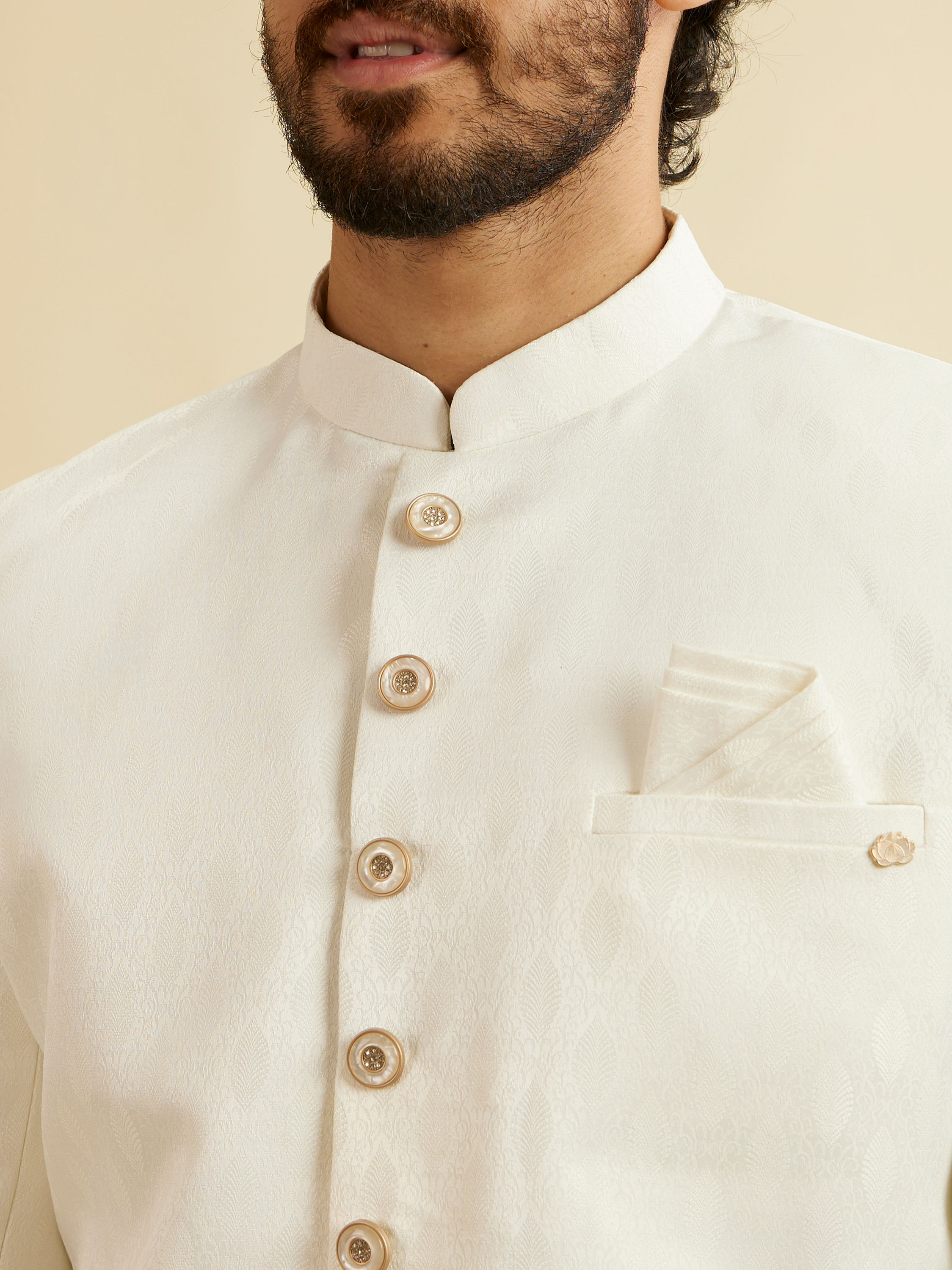 Manyavar Men Warm White Leaf Patterned Sherwani Set