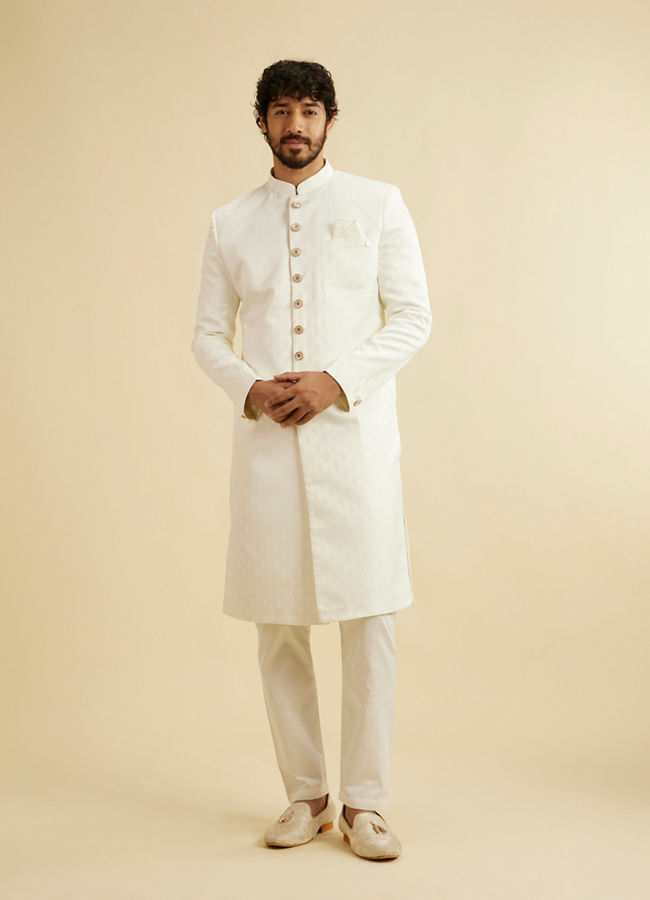 Manyavar Men Warm White Leaf Patterned Sherwani Set