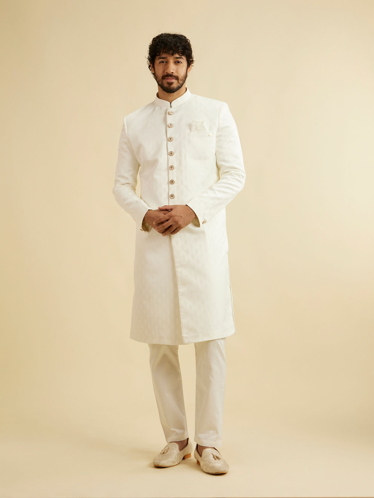 alt message - Manyavar Men Warm White Leaf Patterned Sherwani Set image number 2