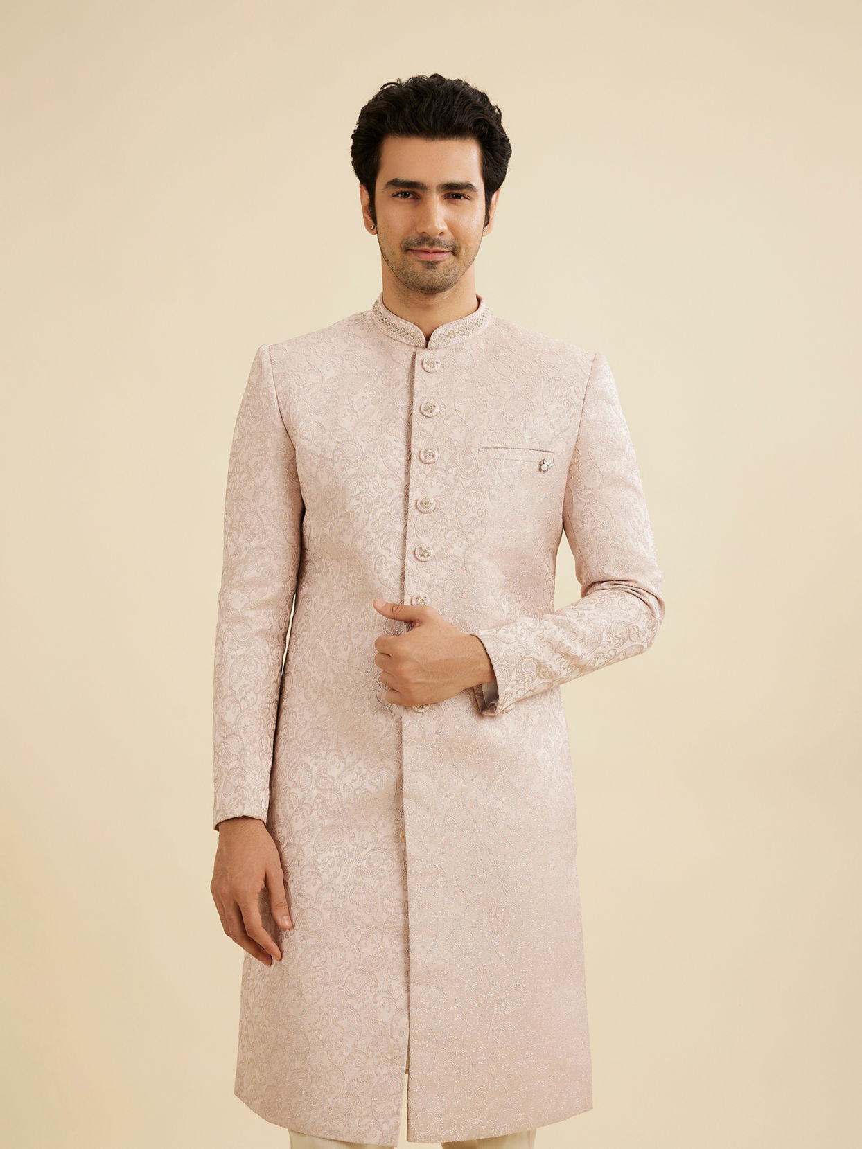 Manyavar Men Dusty Pink Paisley Jaal Patterned Sherwani Set with Embellished Collar
