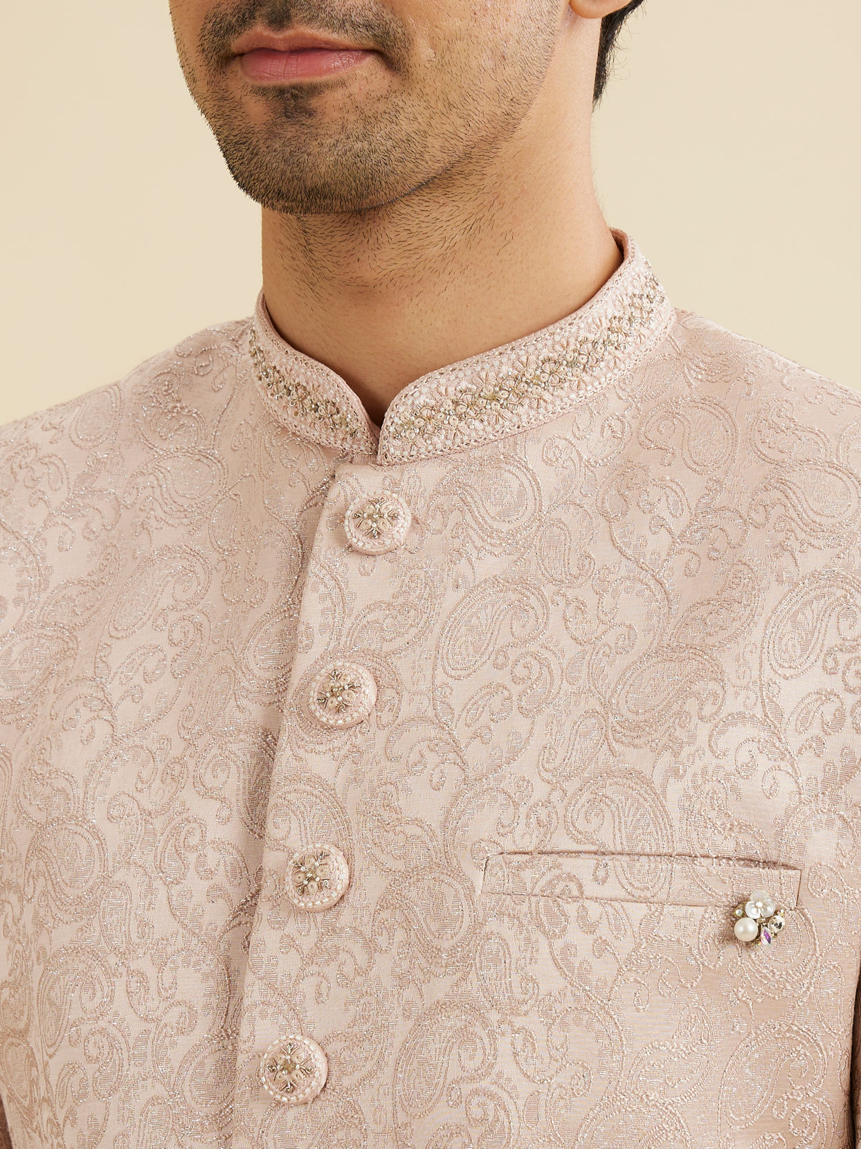 Manyavar Men Dusty Pink Paisley Jaal Patterned Sherwani Set with Embellished Collar