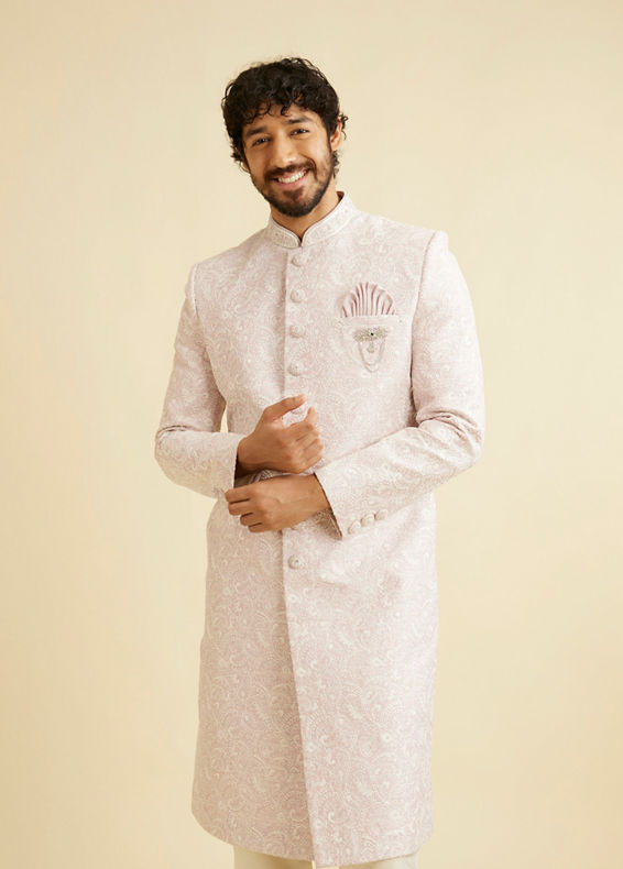 Manyavar Men Dusty Pink Paisley Patterned Sherwani Set with Rhinestone Buttons