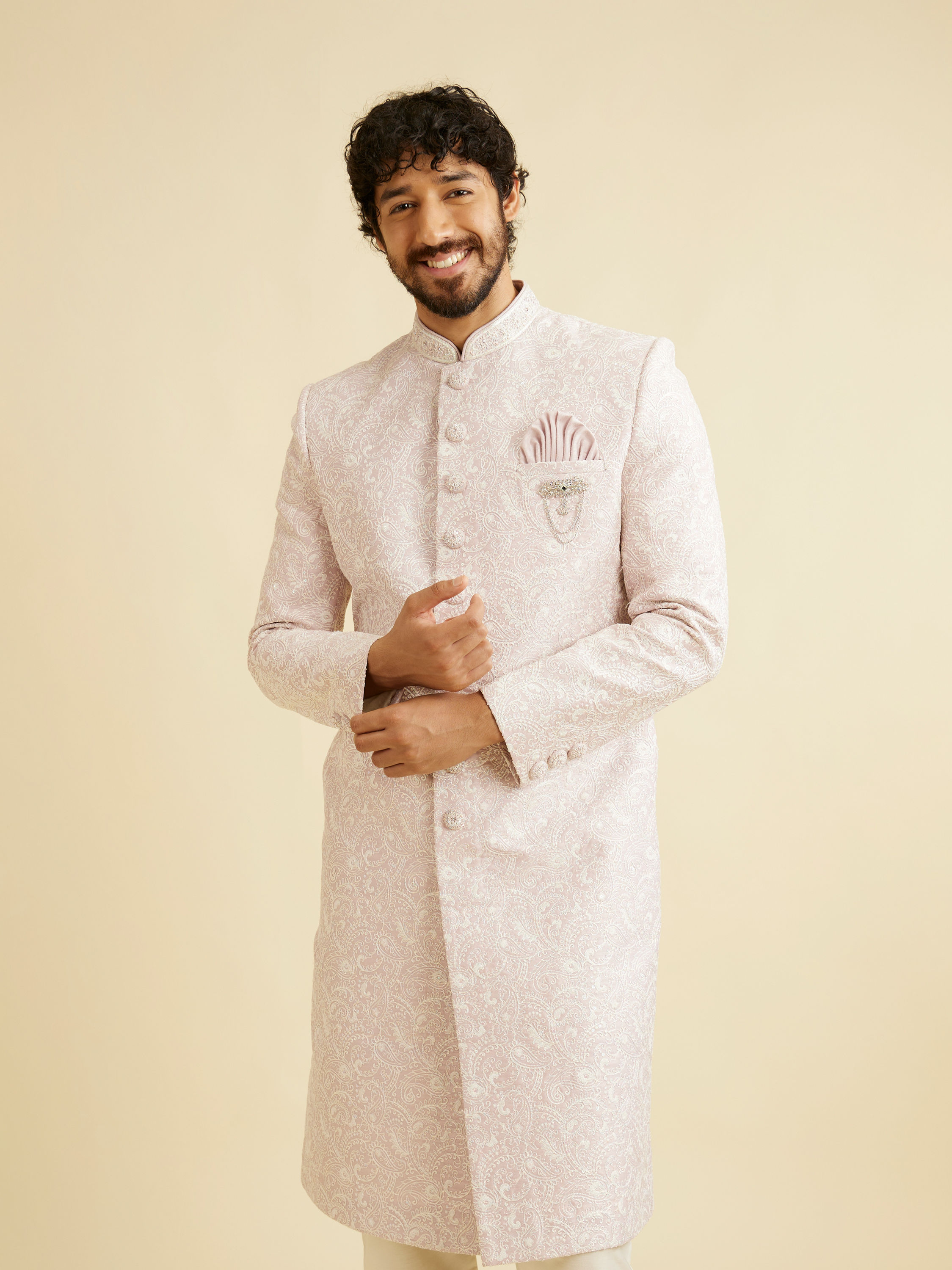 Manyavar Men Dusty Pink Paisley Patterned Sherwani Set with Rhinestone Buttons