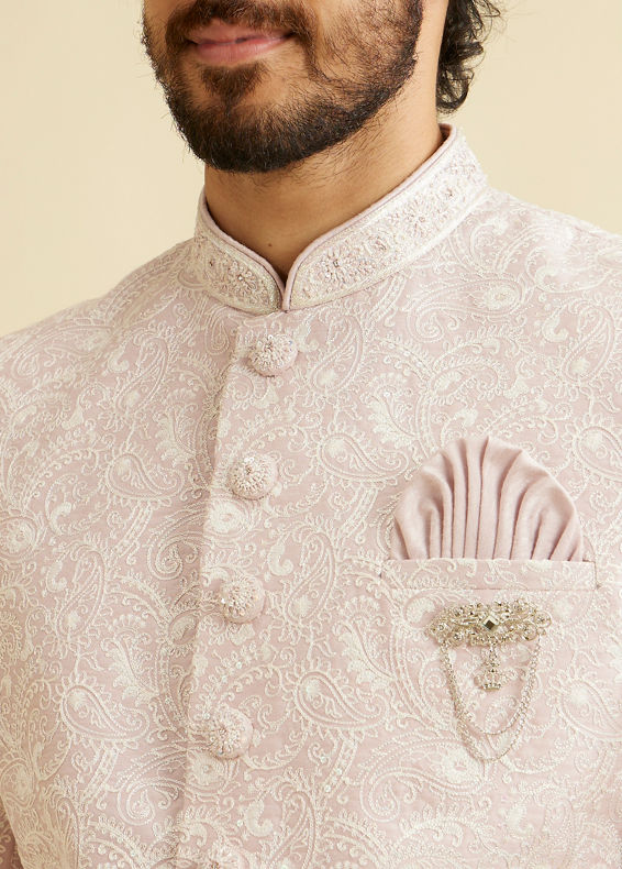 Manyavar Men Dusty Pink Paisley Patterned Sherwani Set with Rhinestone Buttons