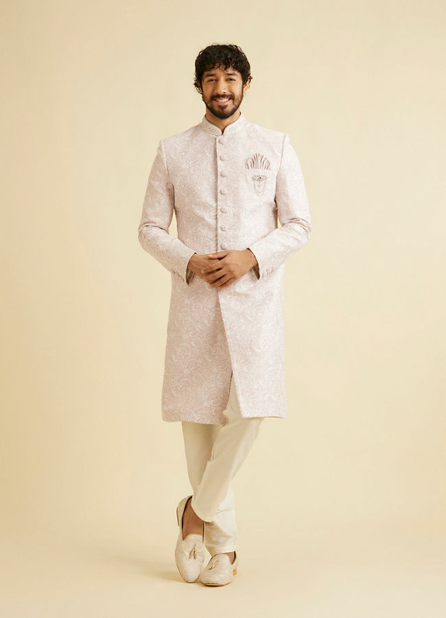 Manyavar Men Dusty Pink Paisley Patterned Sherwani Set with Rhinestone Buttons