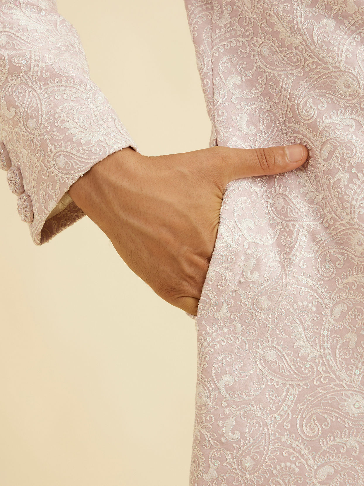 Manyavar Men Dusty Pink Paisley Patterned Sherwani Set with Rhinestone Buttons