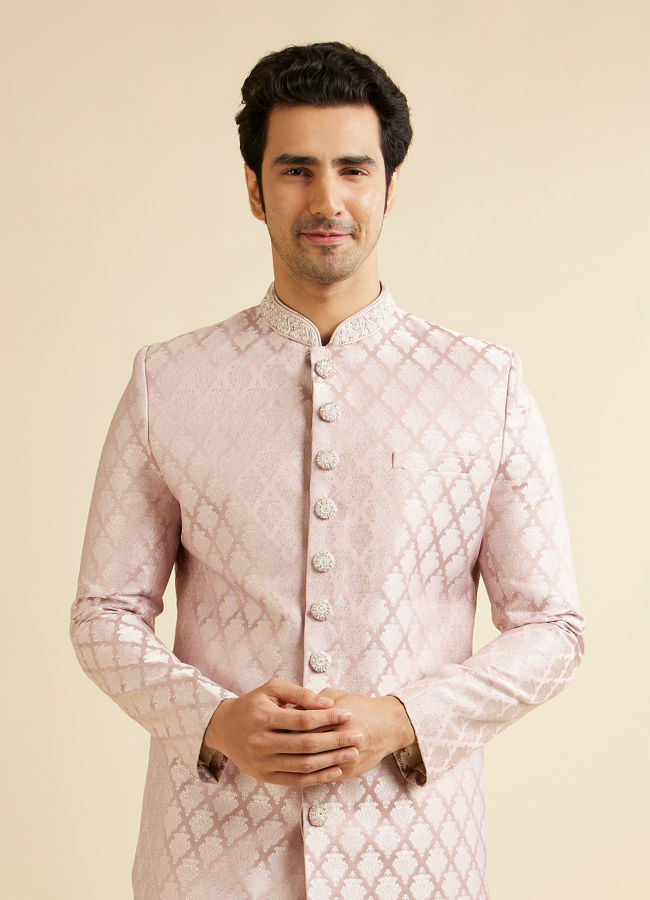 alt message - Manyavar Men Dusty Pink Medallion Patterned Sherwani Set image number 0