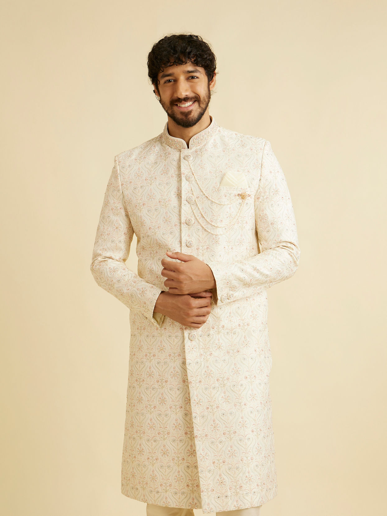 alt message - Manyavar Men Regal Cream Elegance Sherwani image number 0