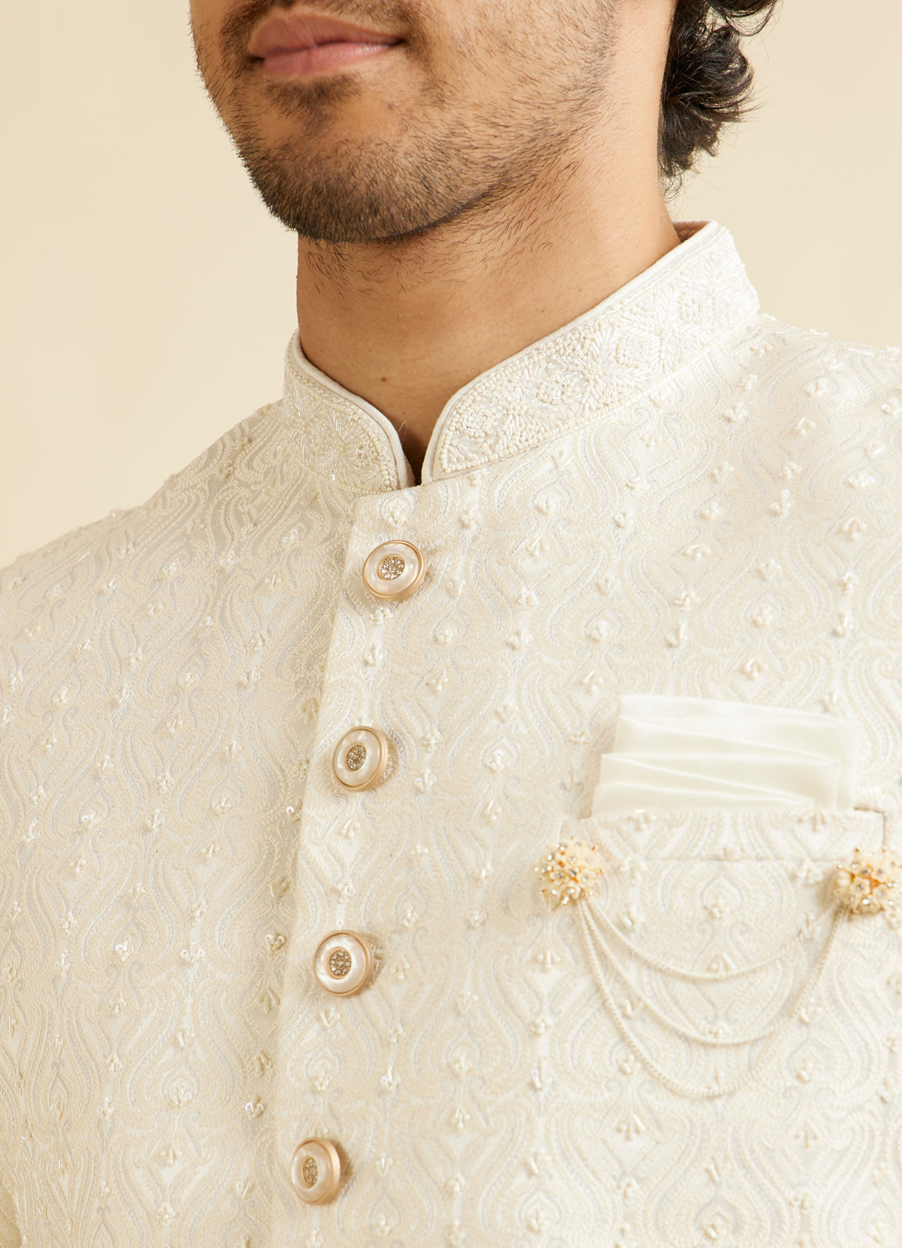 Manyavar Men Warm White Ogee Jaal Patterned Sherwani Set