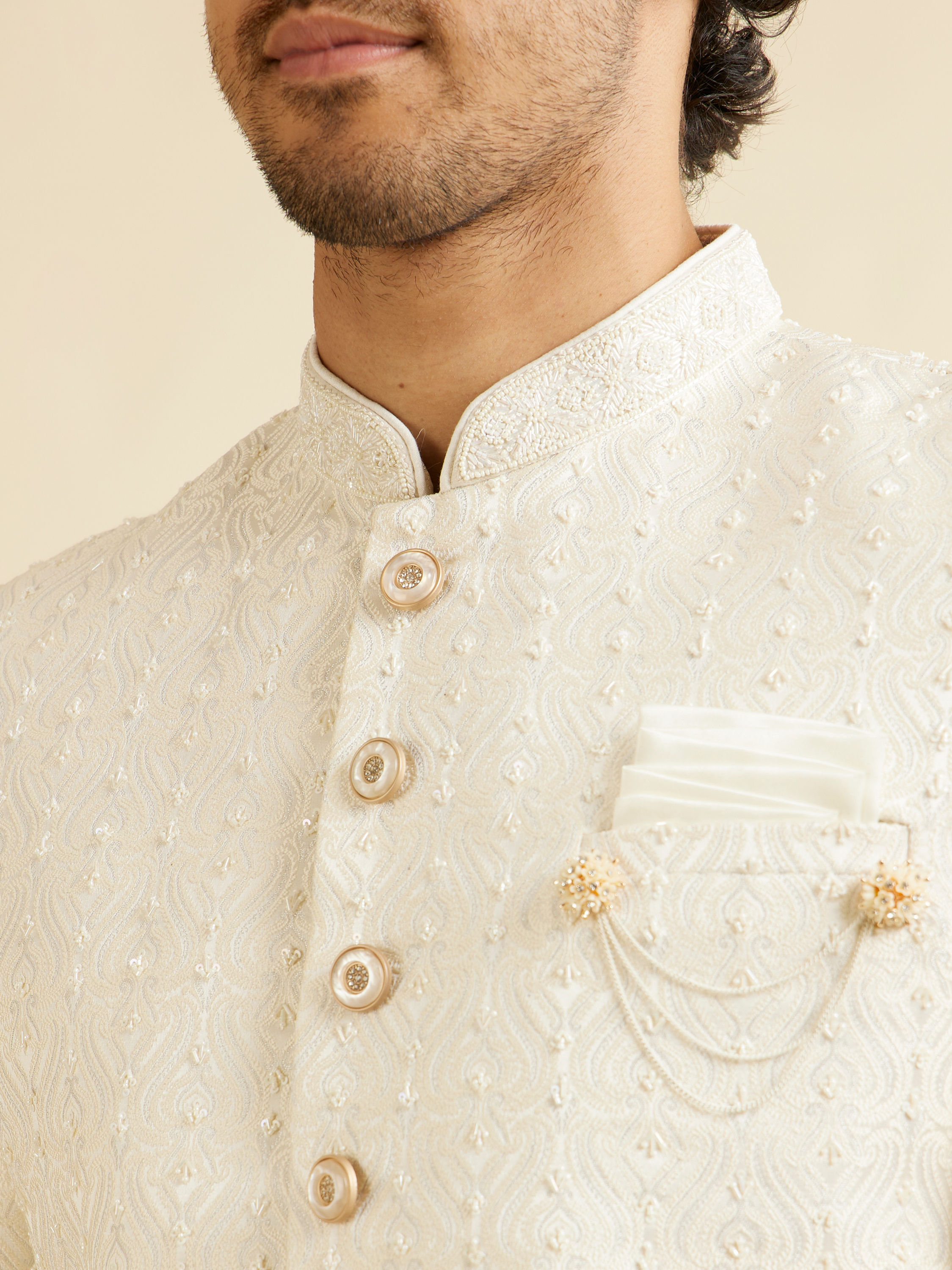 Manyavar Men Warm White Ogee Jaal Patterned Sherwani Set