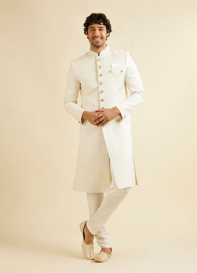 alt message - Manyavar Men Warm White Ogee Jaal Patterned Sherwani Set image number 2