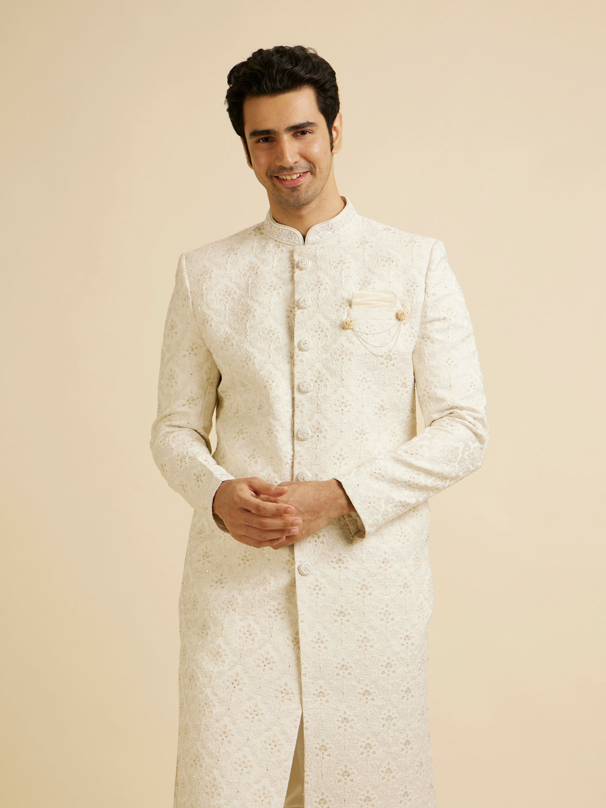 alt message - Manyavar Men Regal Cream Wedding Sherwani image number 0