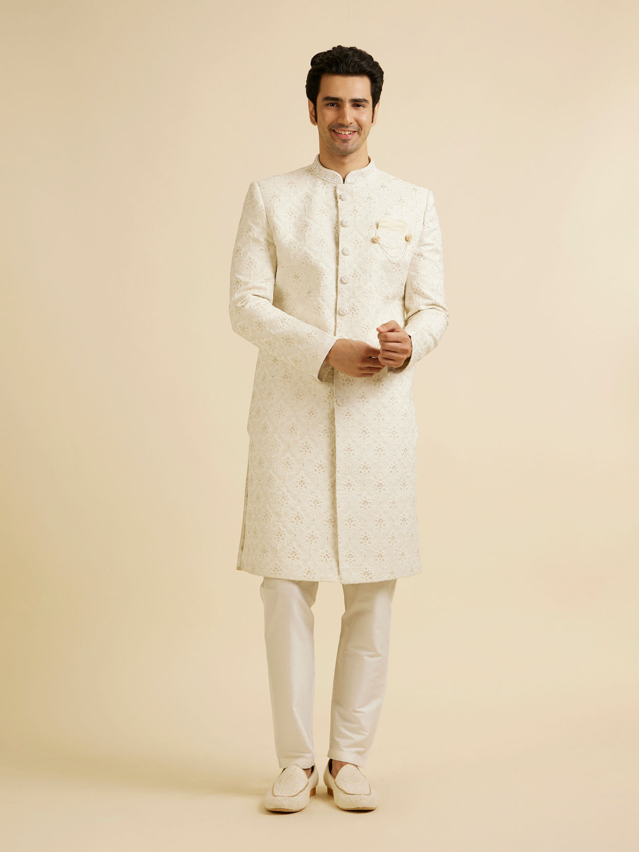 alt message - Manyavar Men Regal Cream Wedding Sherwani image number 2