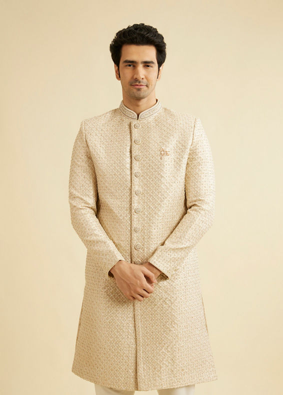 Manyavar Men Soft Beige Lattice Patterned Sherwani Set with Sequin Work