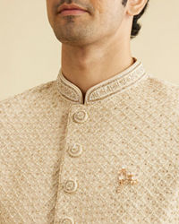 Manyavar Men Soft Beige Lattice Patterned Sherwani Set with Sequin Work