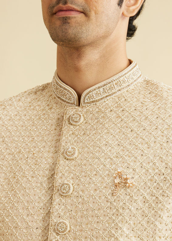 Manyavar Men Soft Beige Lattice Patterned Sherwani Set with Sequin Work