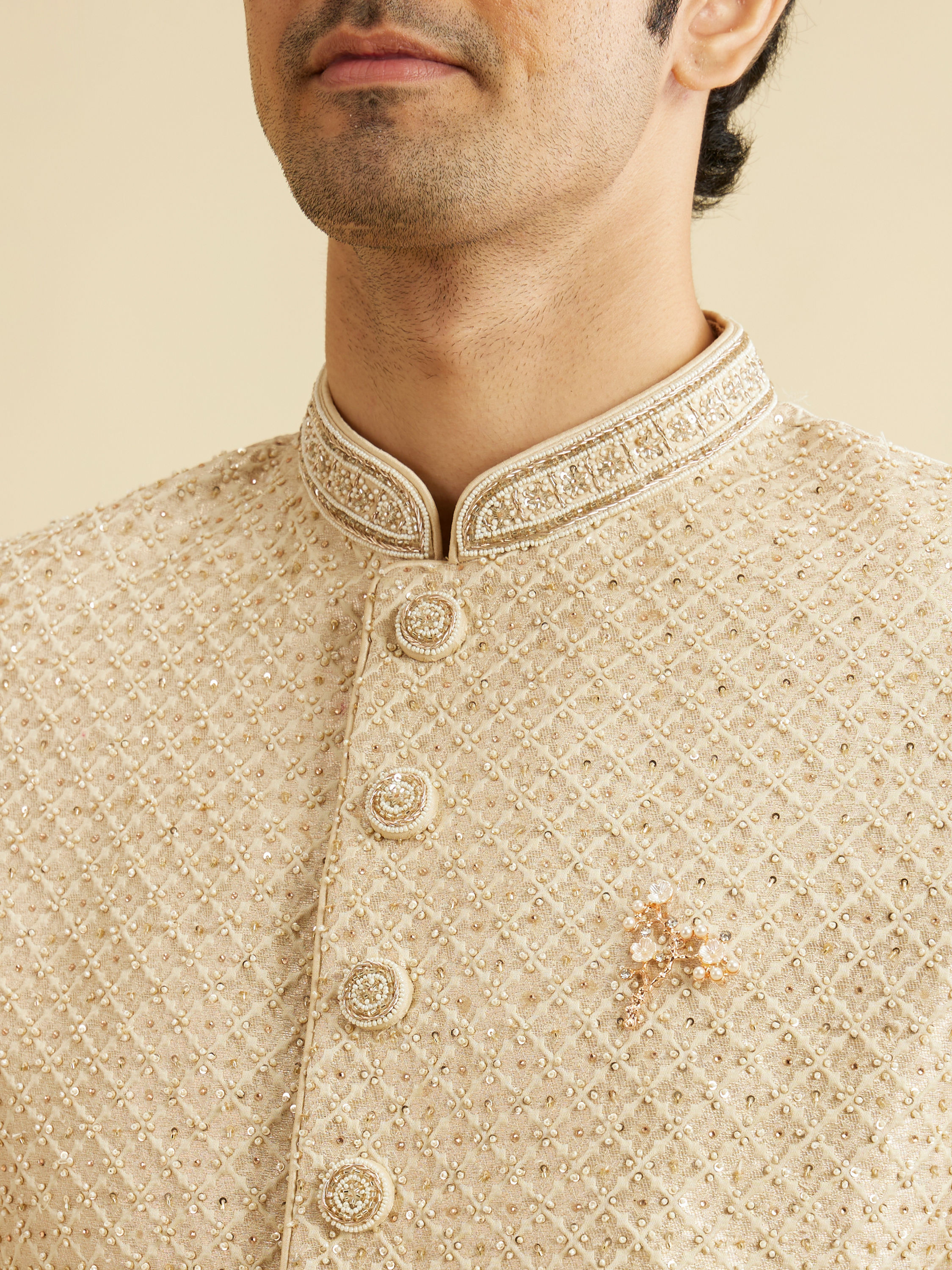 Manyavar Men Soft Beige Lattice Patterned Sherwani Set with Sequin Work