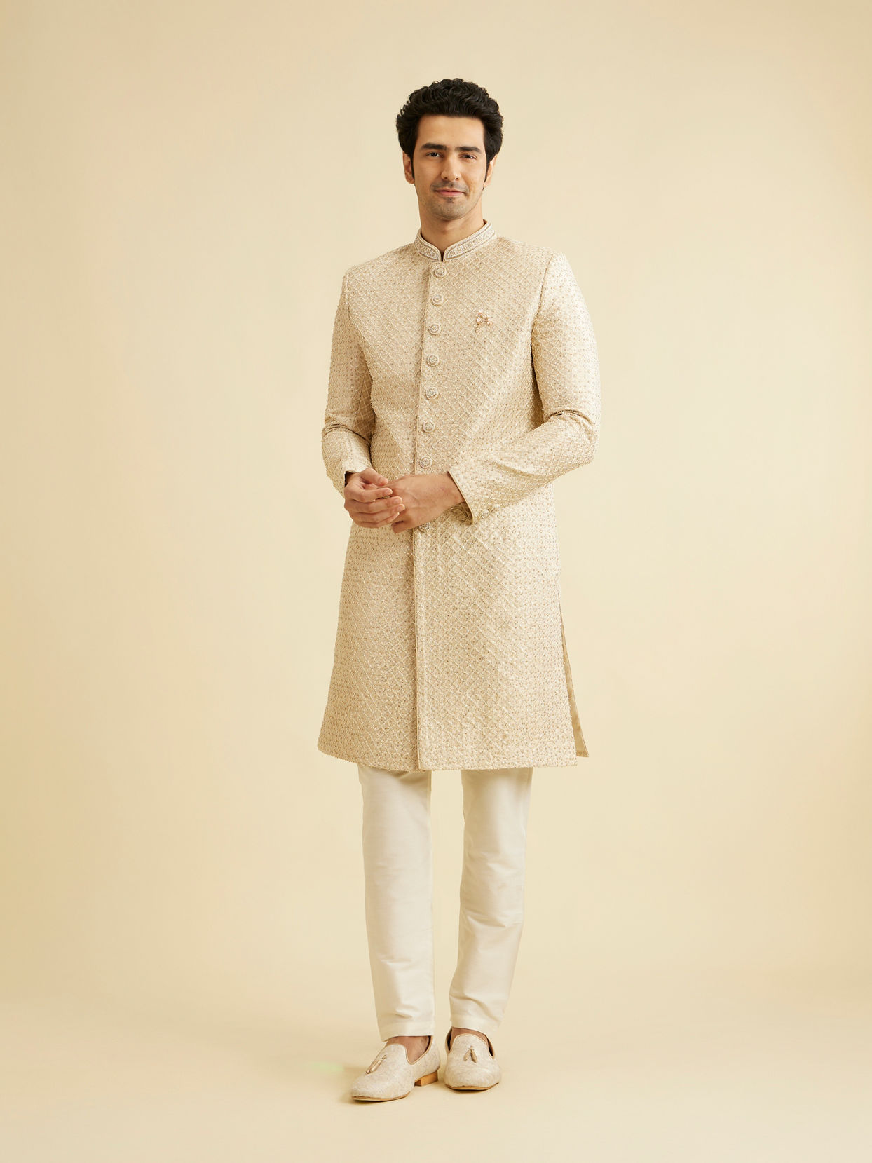 Manyavar Men Soft Beige Lattice Patterned Sherwani Set with Sequin Work