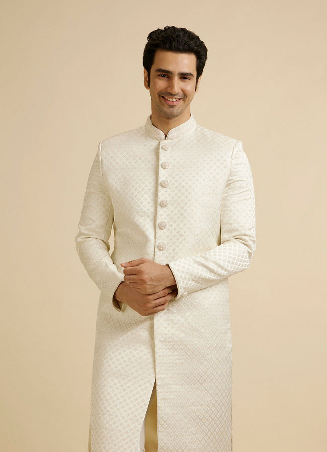 alt message - Manyavar Men Embroidered Brocade Sherwani Warm White image number 0