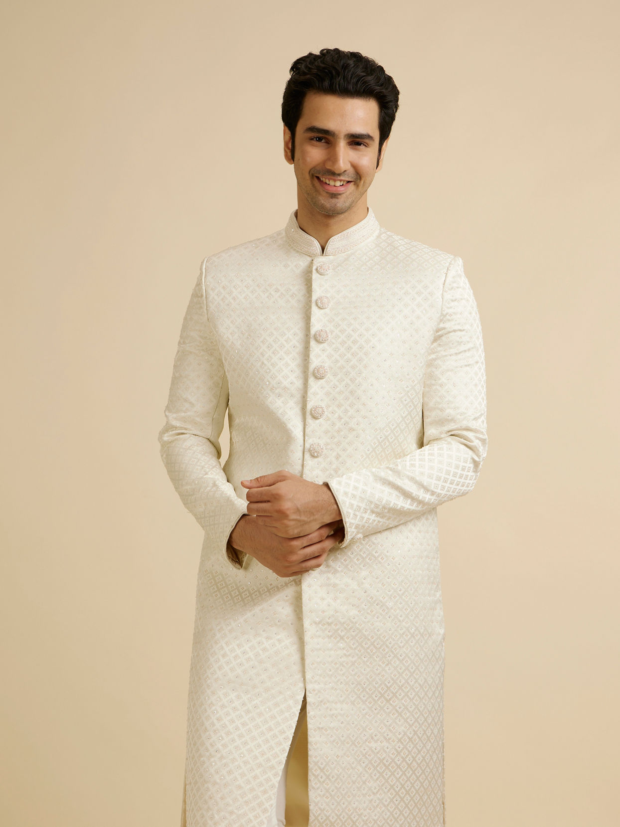 alt message - Manyavar Men Embroidered Brocade Sherwani Warm White image number 0