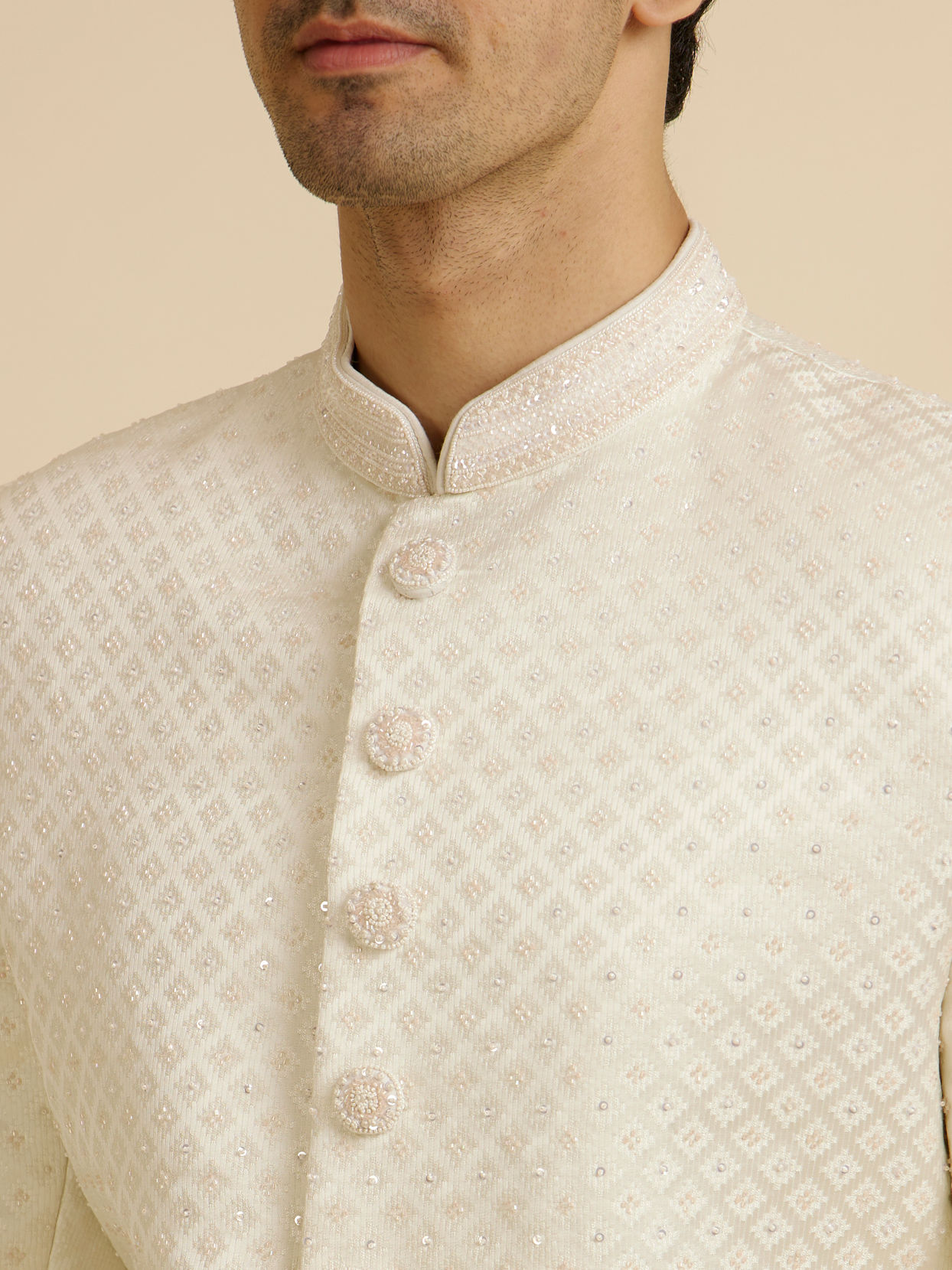 alt message - Manyavar Men Embroidered Brocade Sherwani Warm White image number 1