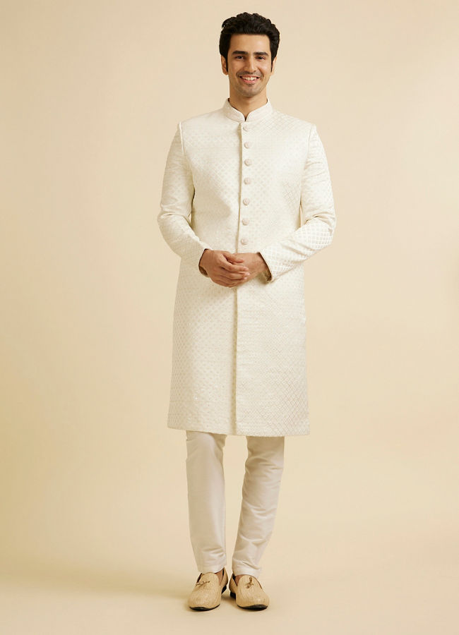 Manyavar Men Embroidered Brocade Sherwani Warm White