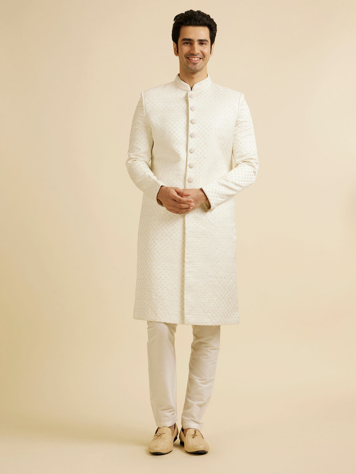 alt message - Manyavar Men Embroidered Brocade Sherwani Warm White image number 2