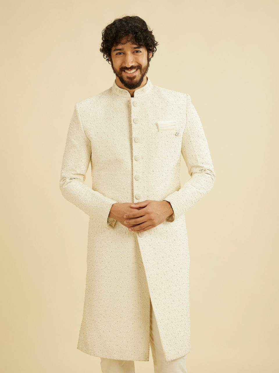 Manyavar Men Warm White Bel Buti Patterned Sherwani Set with Sequin Embellishment