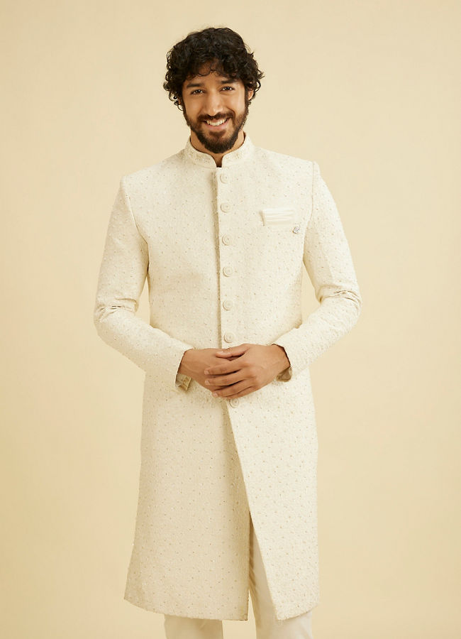 Manyavar Men Warm White Bel Buti Patterned Sherwani Set with Sequin Embellishment image number 0