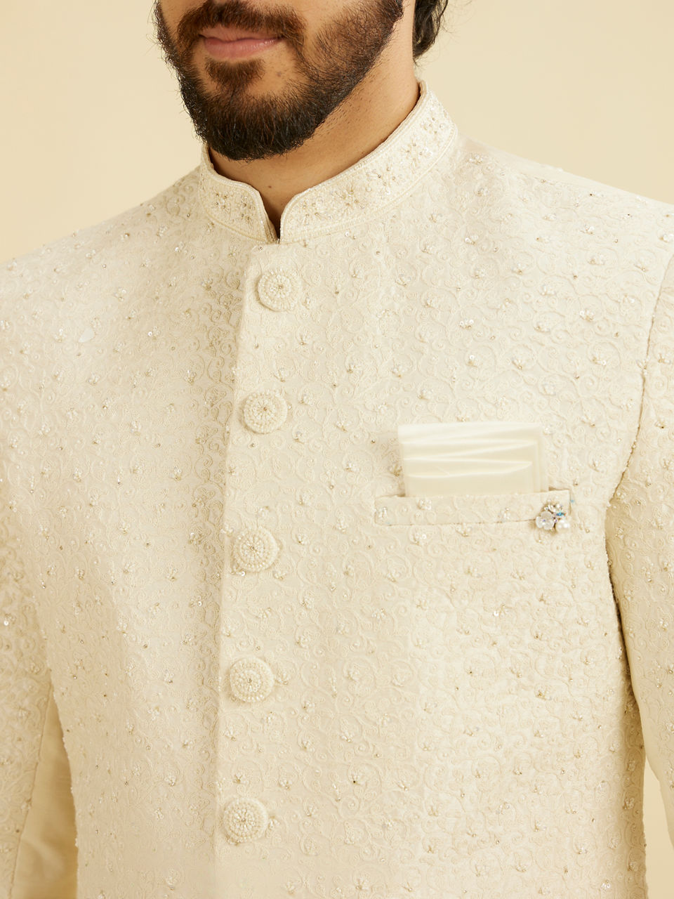 Manyavar Men Warm White Bel Buti Patterned Sherwani Set with Sequin Embellishment