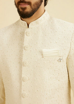 Manyavar Men Warm White Bel Buti Patterned Sherwani Set with Sequin Embellishment image number 1