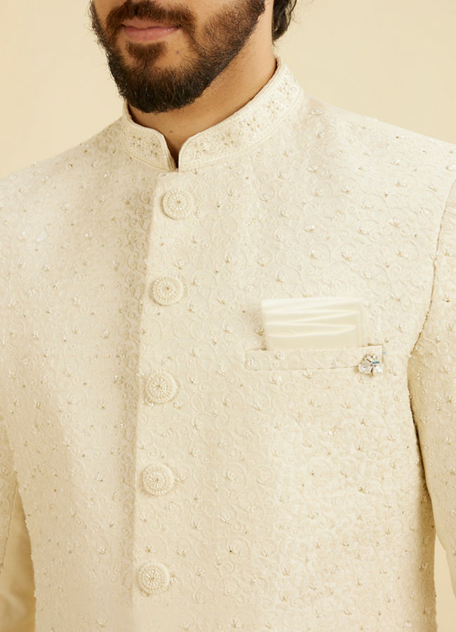 Manyavar Men Warm White Bel Buti Patterned Sherwani Set with Sequin Embellishment